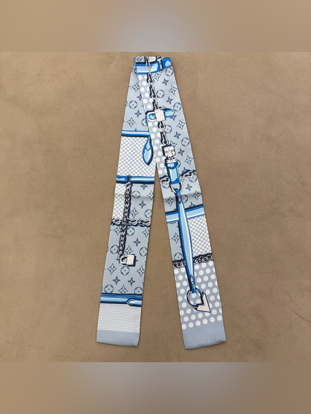 Designer Blue Monogram & Chain Silk Bandeau Scarf - Longer
